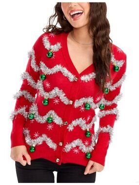 Tipsy Elves XL Red Christmas Ugly Sweater Cardigan Balls Bells Tinsel Garland